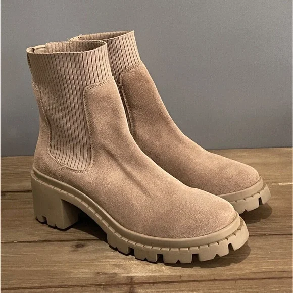 Steve Madden Women's Zappa Lug Sole Boots Size 11 Suede Mushroom Beige Ribbed - Picture 2 of 16